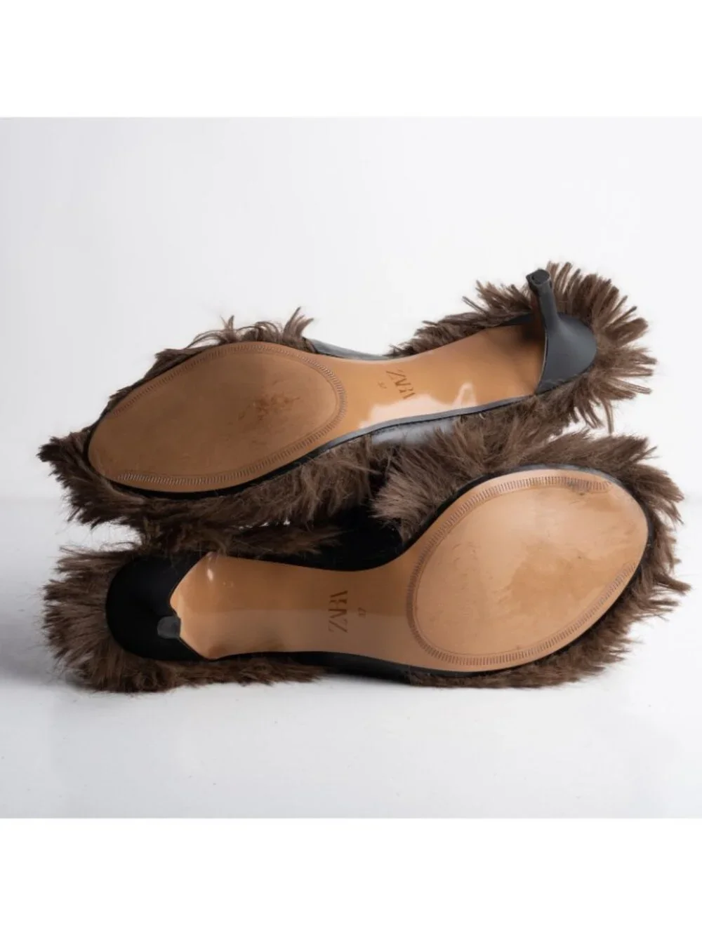 Zara Womens Leather Faux Fur sandals Thong Mule Heels Brown US 6.5 EU 37 NWD - Picture 8 of 8